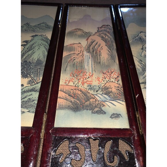 Hand Painted Dual Scene Mini Chinese  Four Panel Silk Screen 12H x 4W” X 4Panels - Picture 3 of 14